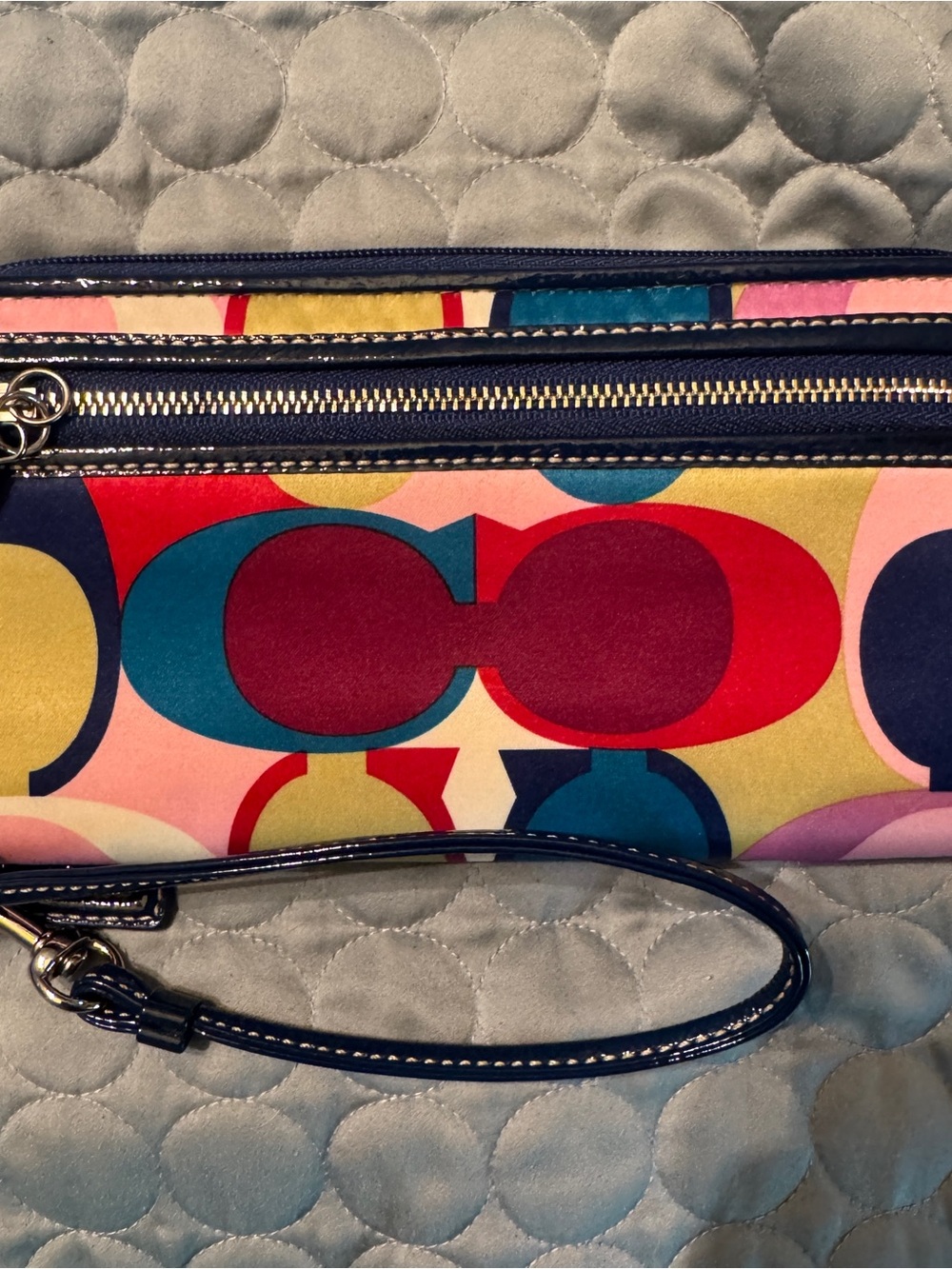 Coach Multicolor Signature C Logo Wristlet with Navy Trim
